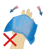 An illustration of a hand attempting to use a loose gel pack instead of a King Brand® ColdCure® Wrist Wrap
