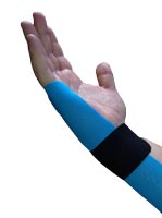 A hand that has been taped for a Triangular Fibrocartilage injury, to provide support and prevent re-injury